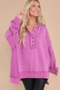 Online Dear-Lover Oversized Exposed Seam Henley Sweatshirt Purple