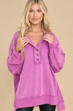 Online Dear-Lover Oversized Exposed Seam Henley Sweatshirt Purple
