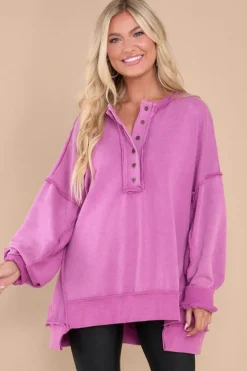 Online Dear-Lover Oversized Exposed Seam Henley Sweatshirt Purple