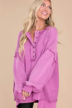 Online Dear-Lover Oversized Exposed Seam Henley Sweatshirt Purple