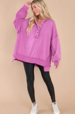 Online Dear-Lover Oversized Exposed Seam Henley Sweatshirt Purple