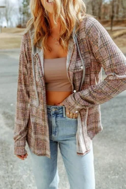 New Dear-Lover Plaid Contrast Hooded Drawstring Shacket Purple