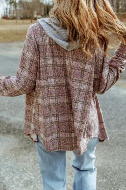 New Dear-Lover Plaid Contrast Hooded Drawstring Shacket Purple