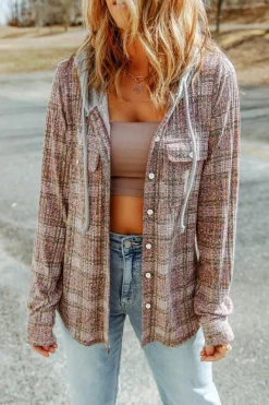 New Dear-Lover Plaid Contrast Hooded Drawstring Shacket Purple
