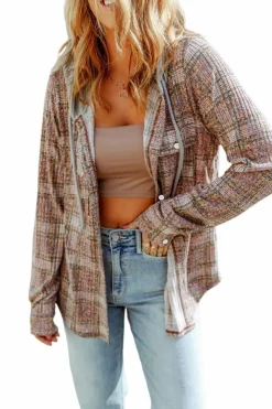 New Dear-Lover Plaid Contrast Hooded Drawstring Shacket Purple
