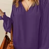 Best Dear-Lover Purple Pleated V Neck Puffy Sleeve Blouse Purple-2