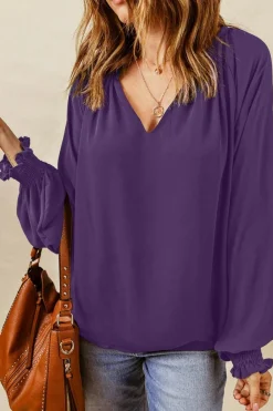 Best Dear-Lover Purple Pleated V Neck Puffy Sleeve Blouse Purple-2