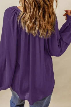 Best Dear-Lover Purple Pleated V Neck Puffy Sleeve Blouse Purple-2
