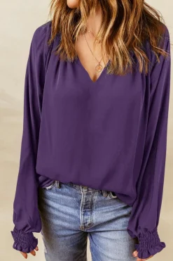 Best Dear-Lover Purple Pleated V Neck Puffy Sleeve Blouse Purple-2