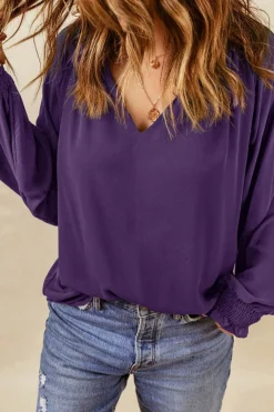 Best Dear-Lover Purple Pleated V Neck Puffy Sleeve Blouse Purple-2