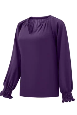 Best Dear-Lover Purple Pleated V Neck Puffy Sleeve Blouse Purple-2