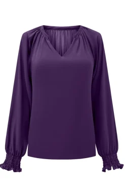 Best Dear-Lover Purple Pleated V Neck Puffy Sleeve Blouse Purple-2