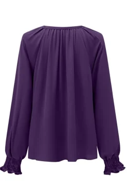 Best Dear-Lover Purple Pleated V Neck Puffy Sleeve Blouse Purple-2