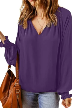 Best Dear-Lover Purple Pleated V Neck Puffy Sleeve Blouse Purple-2