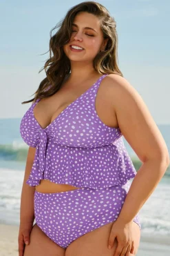 Online Dear-Lover Plus Size Polka Dot Print Ruffled Knotted V Neck Tankini Set Purple
