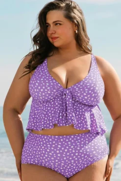 Online Dear-Lover Plus Size Polka Dot Print Ruffled Knotted V Neck Tankini Set Purple