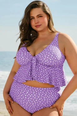 Online Dear-Lover Plus Size Polka Dot Print Ruffled Knotted V Neck Tankini Set Purple