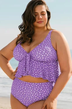 Online Dear-Lover Plus Size Polka Dot Print Ruffled Knotted V Neck Tankini Set Purple