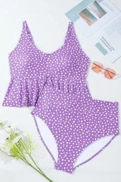Online Dear-Lover Plus Size Polka Dot Print Ruffled Knotted V Neck Tankini Set Purple