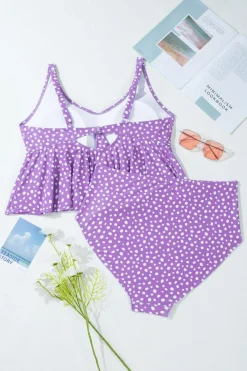 Online Dear-Lover Plus Size Polka Dot Print Ruffled Knotted V Neck Tankini Set Purple