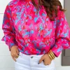 New Dear-Lover Printed Bubble Sleeve Mock Neck Blouse Purple