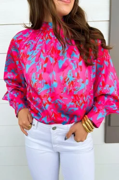 New Dear-Lover Printed Bubble Sleeve Mock Neck Blouse Purple