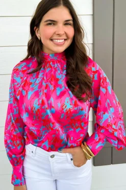 New Dear-Lover Printed Bubble Sleeve Mock Neck Blouse Purple