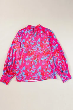 New Dear-Lover Printed Bubble Sleeve Mock Neck Blouse Purple