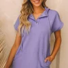 Best Dear-Lover Short Sleeve Buttoned Neck Kangaroo Pocket Hoodie Purple