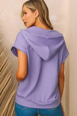 Best Dear-Lover Short Sleeve Buttoned Neck Kangaroo Pocket Hoodie Purple