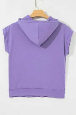 Best Dear-Lover Short Sleeve Buttoned Neck Kangaroo Pocket Hoodie Purple