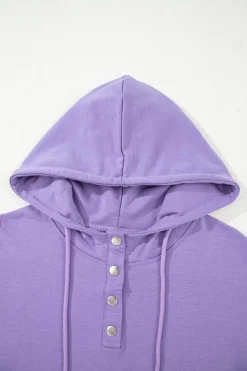 Best Dear-Lover Short Sleeve Buttoned Neck Kangaroo Pocket Hoodie Purple