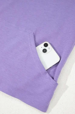Best Dear-Lover Short Sleeve Buttoned Neck Kangaroo Pocket Hoodie Purple