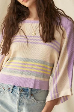 Best Dear-Lover Borderline Rib Knit Cuffed Dolman Sleeve Sweater Purple Stripe