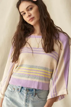 Best Dear-Lover Borderline Rib Knit Cuffed Dolman Sleeve Sweater Purple Stripe
