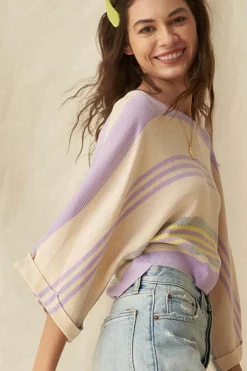 Best Dear-Lover Borderline Rib Knit Cuffed Dolman Sleeve Sweater Purple Stripe