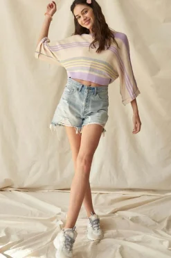Best Dear-Lover Borderline Rib Knit Cuffed Dolman Sleeve Sweater Purple Stripe