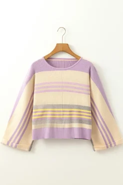 Best Dear-Lover Borderline Rib Knit Cuffed Dolman Sleeve Sweater Purple Stripe