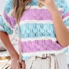 Discount Dear-Lover Color Block Hollow Out Crochet Half Sleeve Sweater Purple Stripe