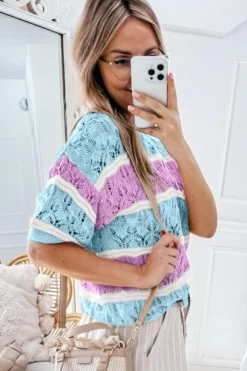 Discount Dear-Lover Color Block Hollow Out Crochet Half Sleeve Sweater Purple Stripe