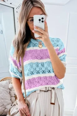 Discount Dear-Lover Color Block Hollow Out Crochet Half Sleeve Sweater Purple Stripe