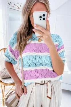 Discount Dear-Lover Color Block Hollow Out Crochet Half Sleeve Sweater Purple Stripe