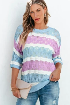 Discount Dear-Lover Color Block Hollow Out Crochet Half Sleeve Sweater Purple Stripe