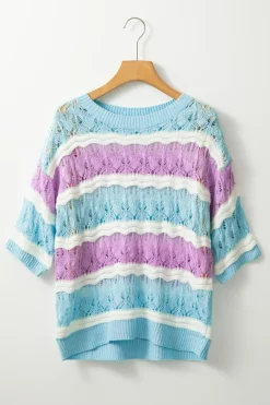 Discount Dear-Lover Color Block Hollow Out Crochet Half Sleeve Sweater Purple Stripe