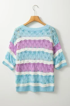Discount Dear-Lover Color Block Hollow Out Crochet Half Sleeve Sweater Purple Stripe