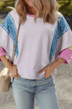 Discount Dear-Lover Floral Color Block Raw Edge Patchwork Bracelet Sleeve Blouse Purple Stripe