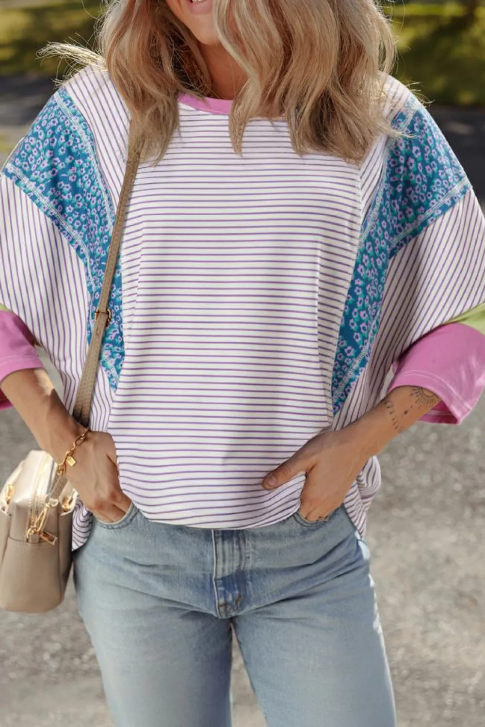 Discount Dear-Lover Floral Color Block Raw Edge Patchwork Bracelet Sleeve Blouse Purple Stripe