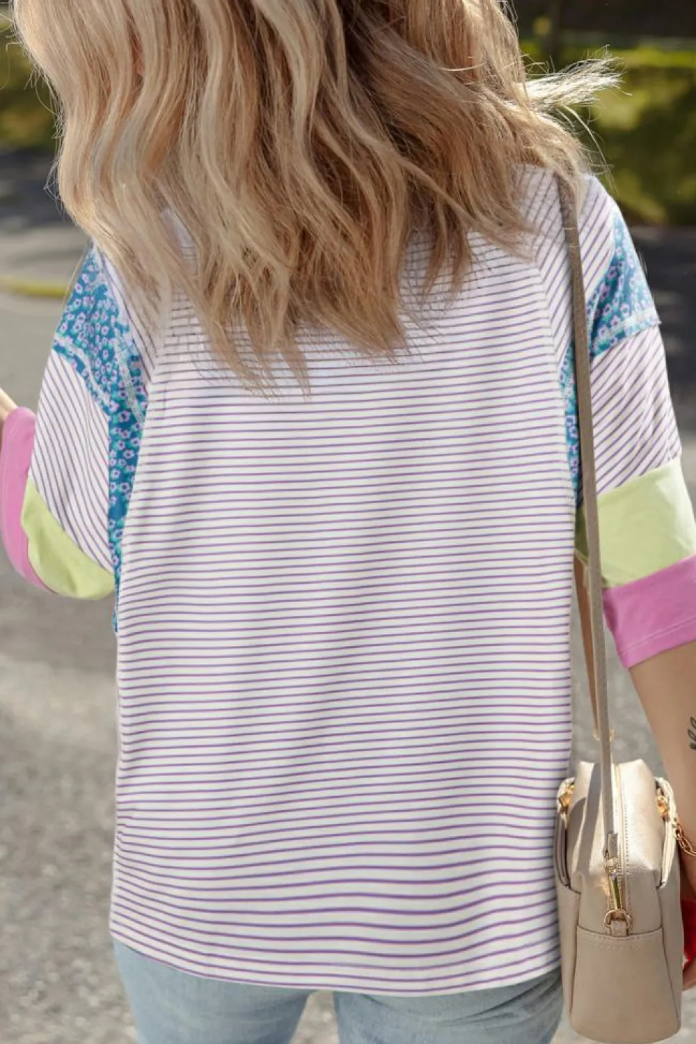 Discount Dear-Lover Floral Color Block Raw Edge Patchwork Bracelet Sleeve Blouse Purple Stripe