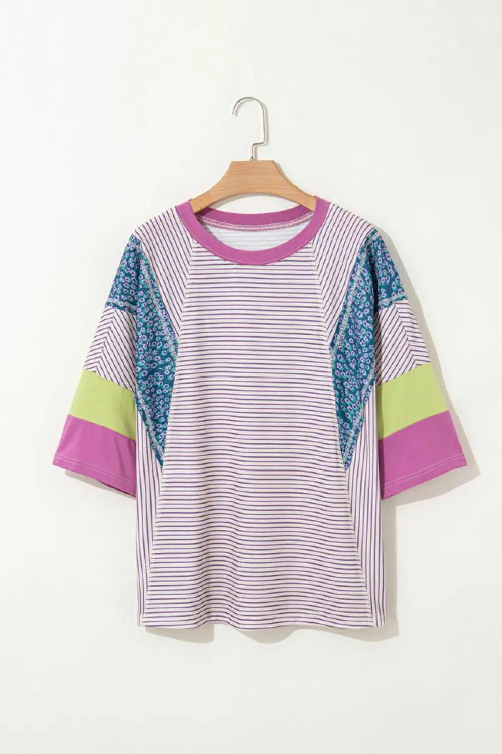 Discount Dear-Lover Floral Color Block Raw Edge Patchwork Bracelet Sleeve Blouse Purple Stripe