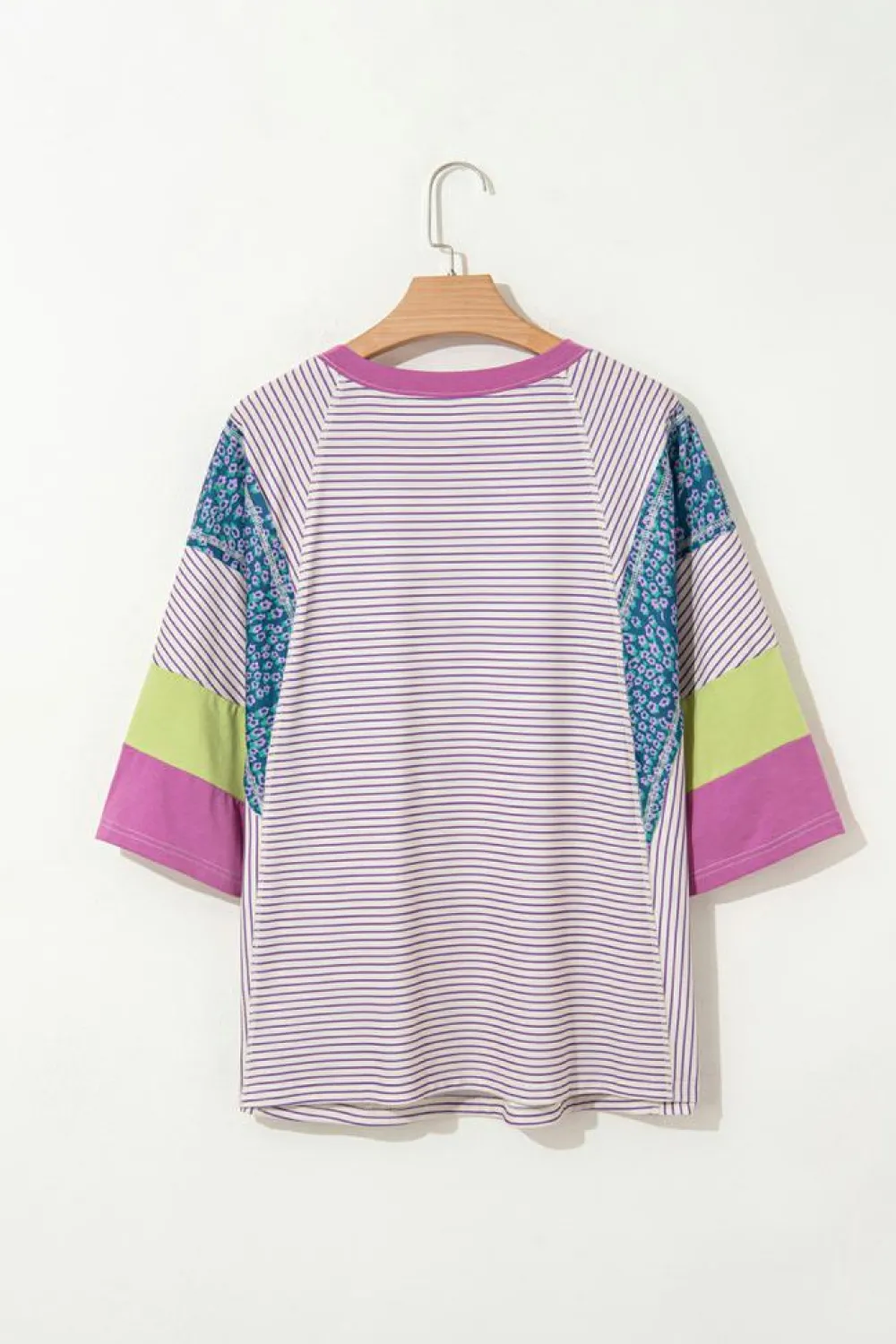 Discount Dear-Lover Floral Color Block Raw Edge Patchwork Bracelet Sleeve Blouse Purple Stripe